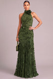Army Green Mermaid High Neck Ruched Long Wedding Guest Dress with 3D Flower
