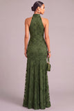 Army Green Mermaid High Neck Ruched Long Wedding Guest Dress with 3D Flower