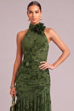 Army Green Mermaid High Neck Ruched Long Wedding Guest Dress with 3D Flower