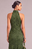 Army Green Mermaid High Neck Ruched Long Wedding Guest Dress with 3D Flower