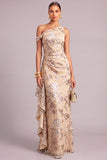 Champagne Mermaid Floral One Shoulder Ruched Long Wedding Guest Dress with Ruffles