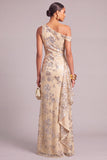 Champagne Mermaid Floral One Shoulder Ruched Long Wedding Guest Dress with Ruffles