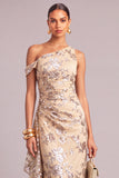 Champagne Mermaid Floral One Shoulder Ruched Long Wedding Guest Dress with Ruffles