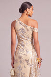 Champagne Mermaid Floral One Shoulder Ruched Long Wedding Guest Dress with Ruffles