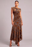 Brown Boat Neck Ruched Floral Long Wedding Guest Dress