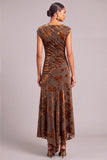 Brown Boat Neck Ruched Floral Long Wedding Guest Dress