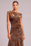 Brown Boat Neck Ruched Floral Long Wedding Guest Dress