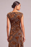 Brown Boat Neck Ruched Floral Long Wedding Guest Dress