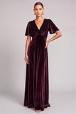 Burgundy A-Line V-Neck Velvet Long Wedding Guest Dress with Sleeves
