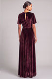 Burgundy A-Line V-Neck Velvet Long Wedding Guest Dress with Sleeves