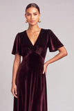 Burgundy A-Line V-Neck Velvet Long Wedding Guest Dress with Sleeves