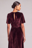 Burgundy A-Line V-Neck Velvet Long Wedding Guest Dress with Sleeves