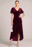Burgundy Velvet V-Neck High-Low Wedding Guest Dress with Sleeves