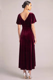 Burgundy Velvet V-Neck High-Low Wedding Guest Dress with Sleeves