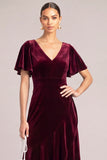 Burgundy Velvet V-Neck High-Low Wedding Guest Dress with Sleeves