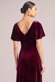 Burgundy Velvet V-Neck High-Low Wedding Guest Dress with Sleeves