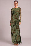 Dark Green Sheath Round Neck Floral Ruched Long Wedding Guest Dress with Slit