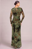 Dark Green Sheath Round Neck Floral Ruched Long Wedding Guest Dress with Slit