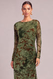 Dark Green Sheath Round Neck Floral Ruched Long Wedding Guest Dress with Slit