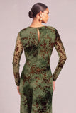 Dark Green Sheath Round Neck Floral Ruched Long Wedding Guest Dress with Slit