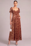 Brown A-Line Square Neck Puff Sleeves Floral Long Wedding Guest Dress with Pockets
