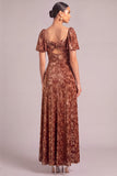 Brown A-Line Square Neck Puff Sleeves Floral Long Wedding Guest Dress with Pockets