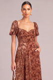 Brown A-Line Square Neck Puff Sleeves Floral Long Wedding Guest Dress with Pockets