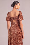Brown A-Line Square Neck Puff Sleeves Floral Long Wedding Guest Dress with Pockets