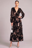 Black Velvet V-Neck Floral Ruffled Long Wedding Guest Dress with Sleeves