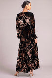 Black Velvet V-Neck Floral Ruffled Long Wedding Guest Dress with Sleeves