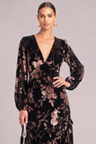 Black Velvet V-Neck Floral Ruffled Long Wedding Guest Dress with Sleeves