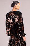 Black Velvet V-Neck Floral Ruffled Long Wedding Guest Dress with Sleeves
