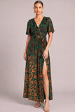 Dark Green A-Line V-Neck Floral Long Wedding Guest Dress with Slit
