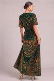 Dark Green A-Line V-Neck Floral Long Wedding Guest Dress with Slit