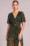 Dark Green A-Line V-Neck Floral Long Wedding Guest Dress with Slit