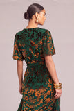 Dark Green A-Line V-Neck Floral Long Wedding Guest Dress with Slit