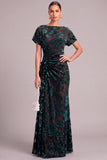 Dark Green Floral Mermaid Boat Neck Ruched Long Wedding Guest Dress