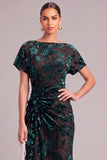 Dark Green Floral Mermaid Boat Neck Ruched Long Wedding Guest Dress