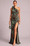 Dark Green Mermaid Floral One Shoulder Ruched Long Wedding Guest Dress with Slit