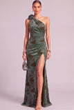 Dark Green Mermaid Floral One Shoulder Ruched Long Wedding Guest Dress with Slit