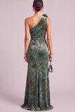 Dark Green Mermaid Floral One Shoulder Ruched Long Wedding Guest Dress with Slit