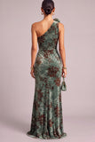 Dark Green Mermaid Floral One Shoulder Ruched Long Wedding Guest Dress with Slit