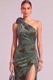Dark Green Mermaid Floral One Shoulder Ruched Long Wedding Guest Dress with Slit