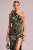 Dark Green Mermaid Floral One Shoulder Ruched Long Wedding Guest Dress with Slit