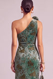 Dark Green Mermaid Floral One Shoulder Ruched Long Wedding Guest Dress with Slit