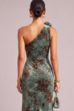 Dark Green Mermaid Floral One Shoulder Ruched Long Wedding Guest Dress with Slit