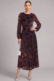 Brown A-Line Round Neck Floral Long Wedding Guest Dress with Sleeves