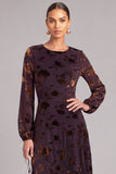 Brown A-Line Round Neck Floral Long Wedding Guest Dress with Sleeves