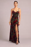 Black Floral Mermaid Spaghetti Straps Long Wedding Guest Dress with Slit
