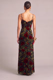 Black Floral Mermaid Spaghetti Straps Long Wedding Guest Dress with Slit